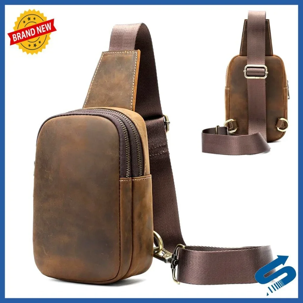 Vintage Leather Sling Bag for Men, Crossbody Messenger, Small Daypack